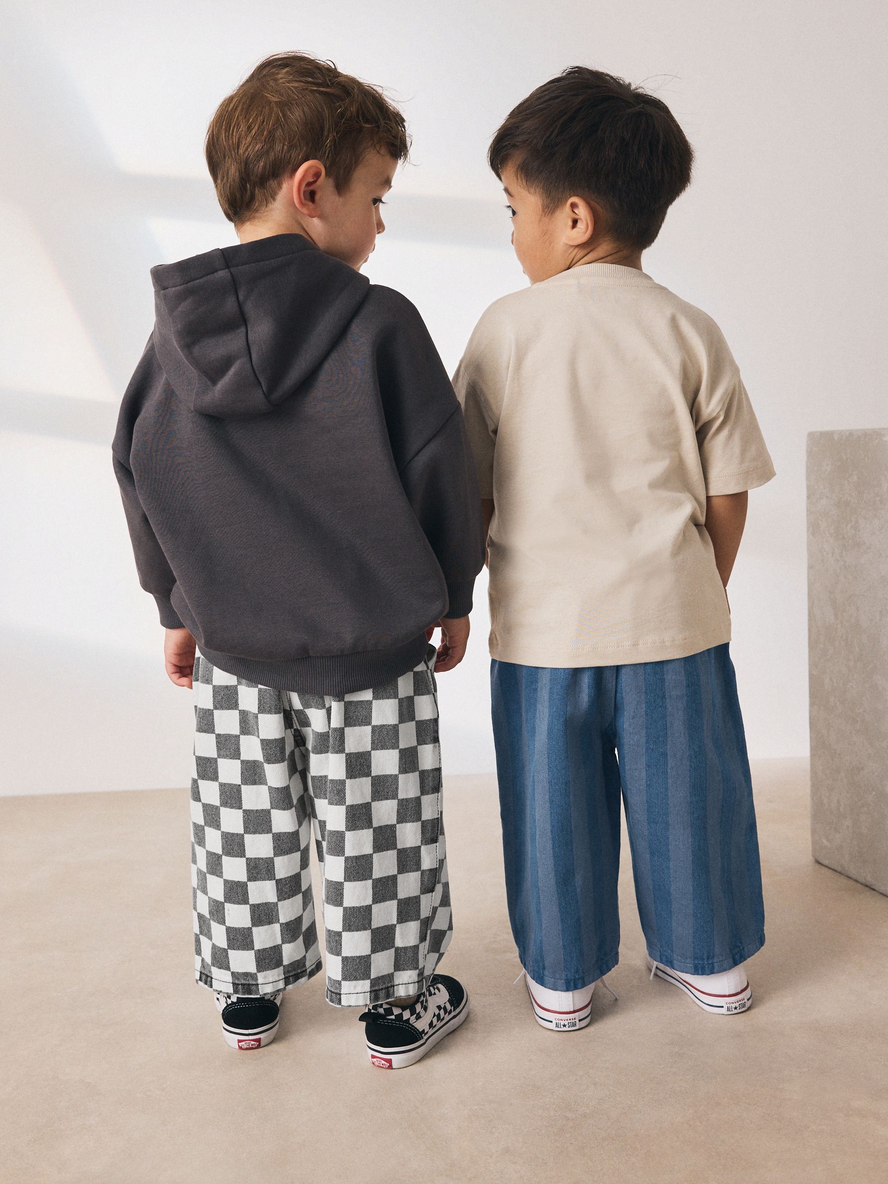 Dambordmotief/Blauwe Strepen - Set van 2 wijde broeken met elastische taille (3mnd-7jr)