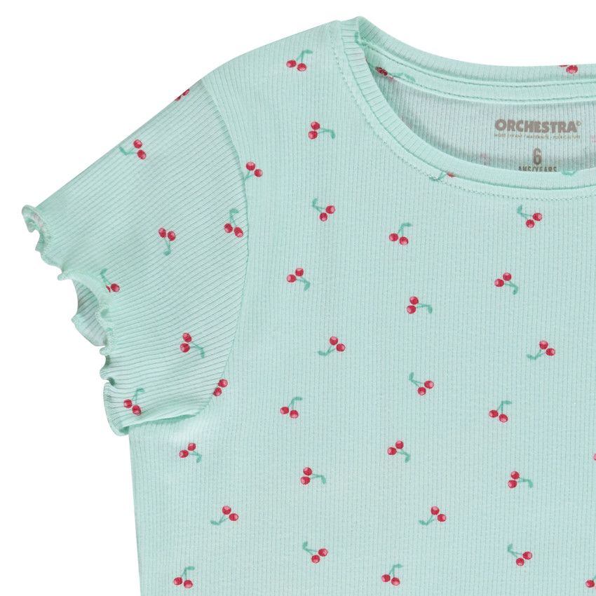 T-shirt manches courtes en rib imprimé fantaisie pour fille - Bleu