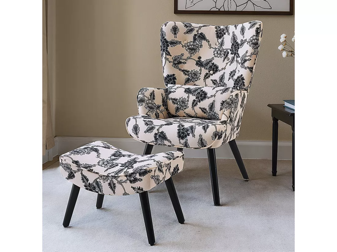 Fauteuil HomeMiYN avec Coussin et Tabouret - Chaise d'Angle Rustique pour le Salon