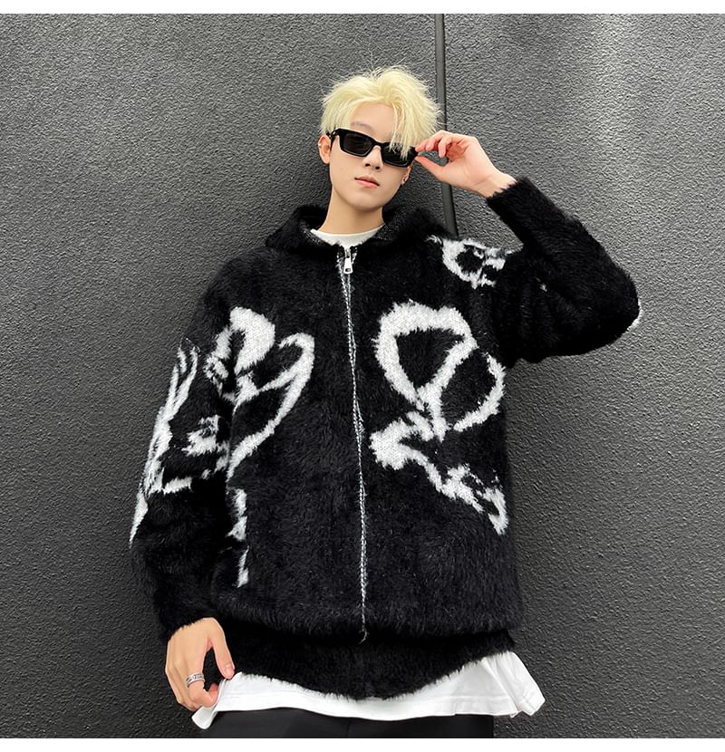 Antaeus - Tweekleurige, pluizige cardigan met capuchon en rits