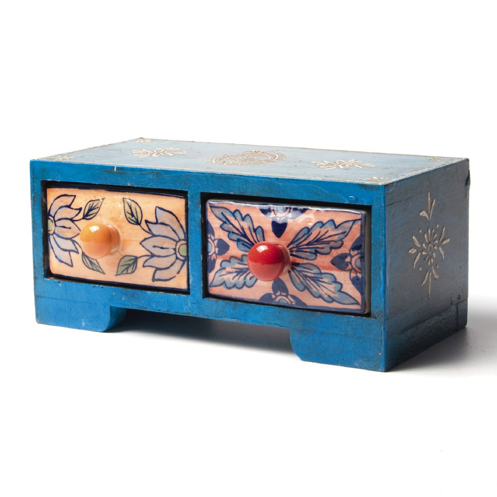 Schubladentruhe mit 2 Schubladen, blau, L 11 cm, B 23,5 cm, H 10 cm von fischer's lagerhaus