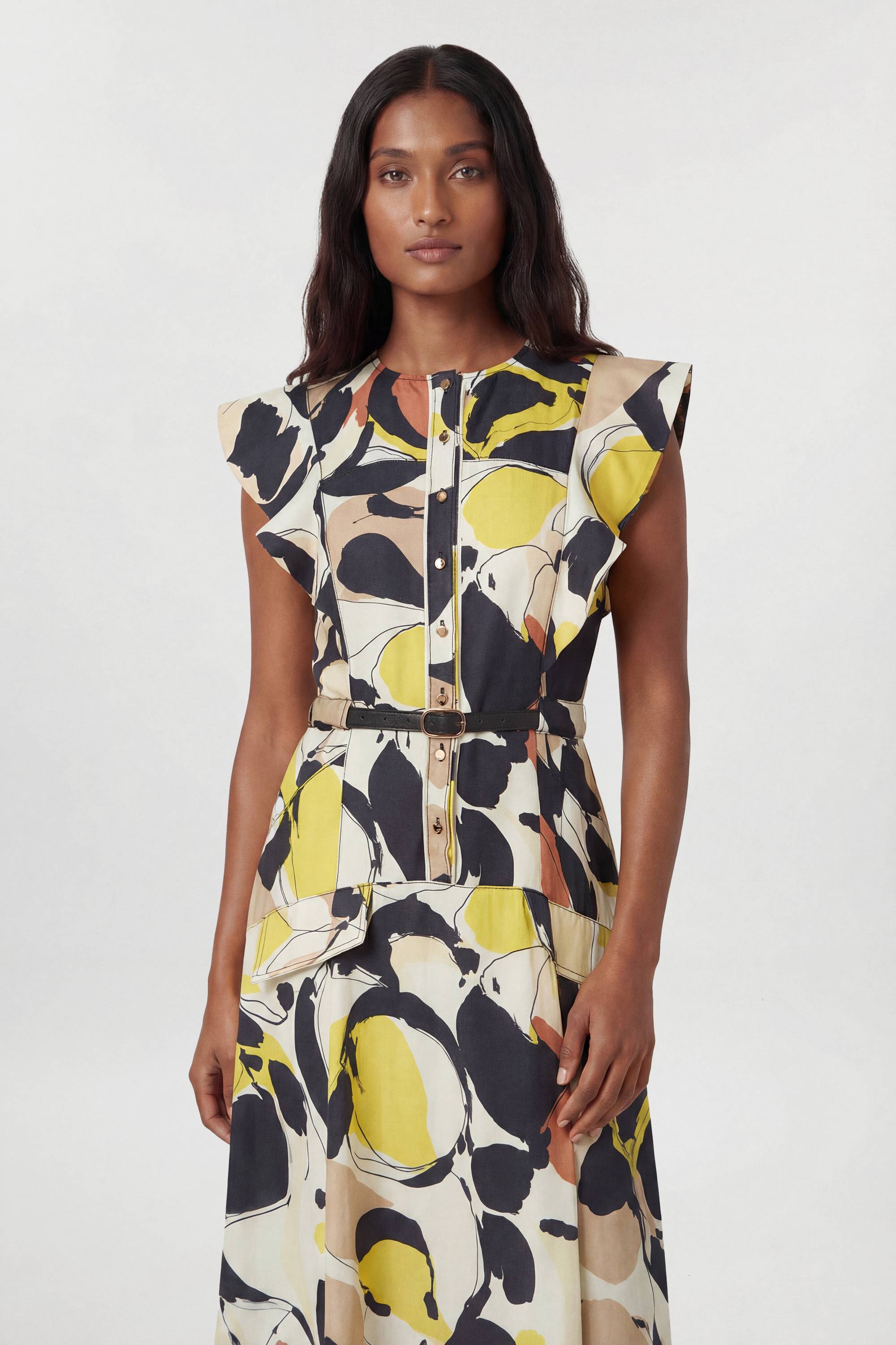 KarenMillen Robe Midi Tissée À Imprimé Abstrait En Viscose Lin Avec Manches À Volants