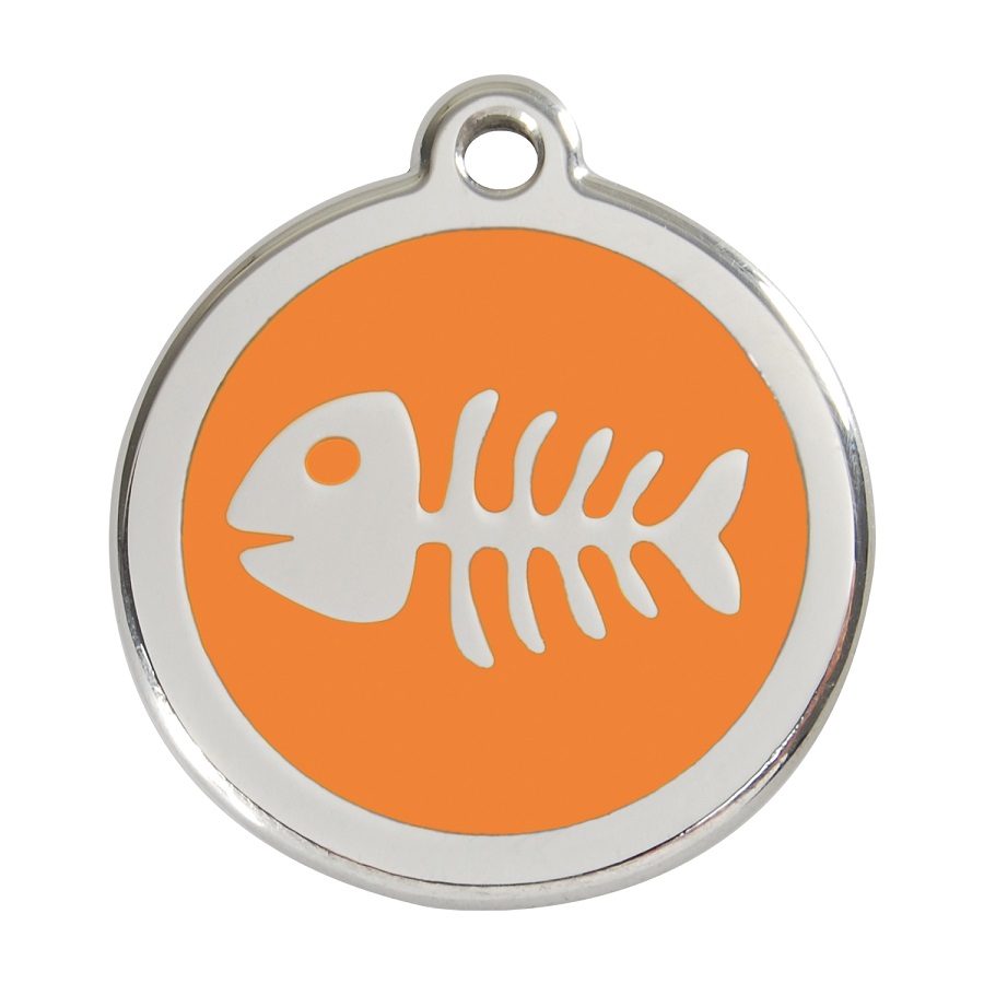 Placa de identificação para cães em aço inoxidável esmaltado com esqueleto de peixe, cor laranja.