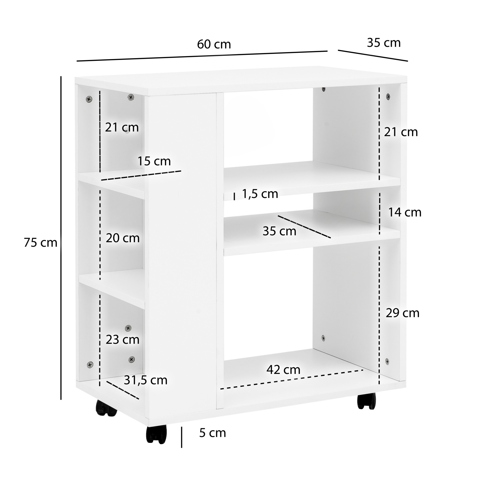 Standregal - weiß - mit Rollen - 60x75 cm