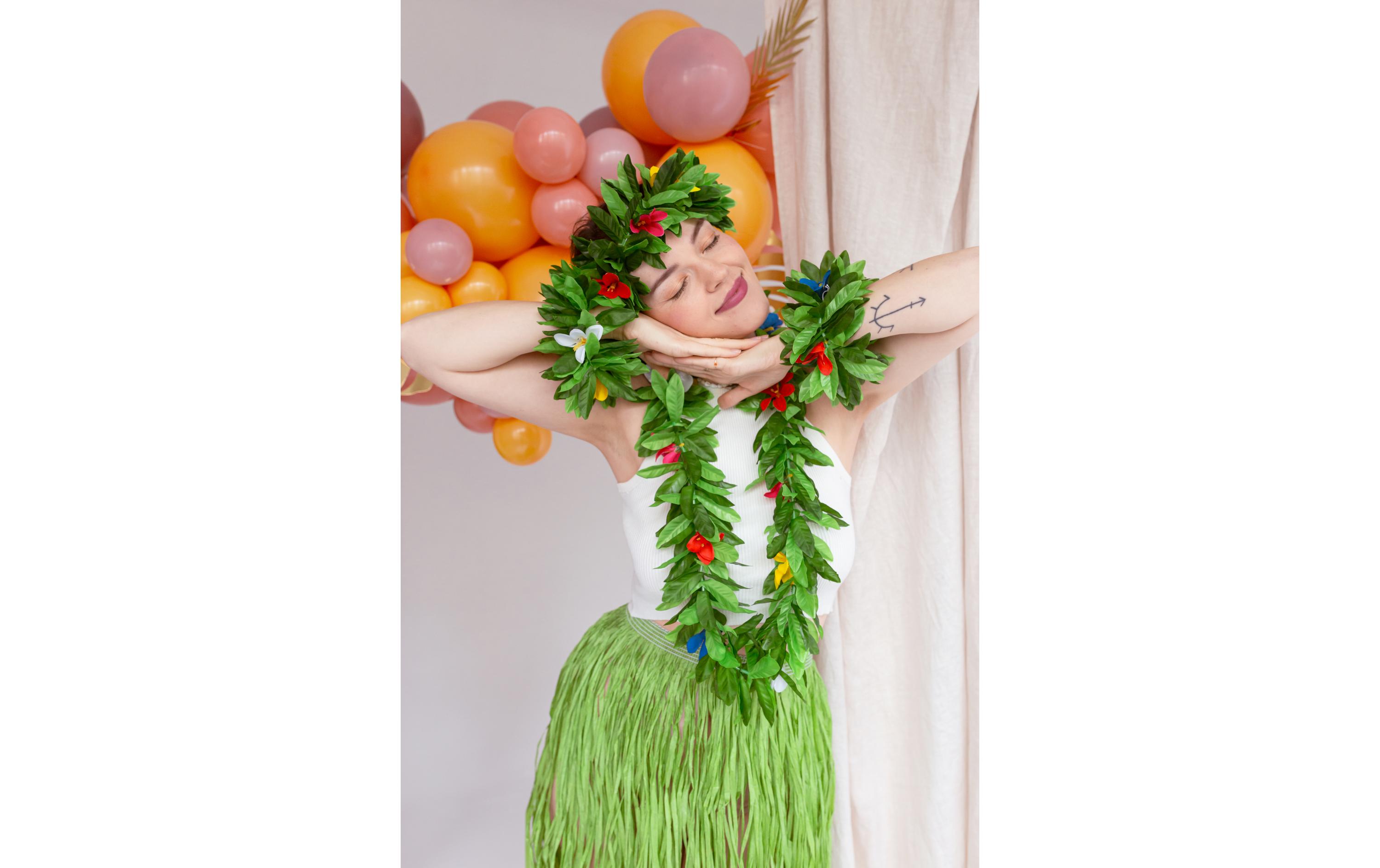 Halskette Set Hawaii 4-teilig, GrünAccessoires aus grünen Stoffblättern mit bunten Stoffblumen