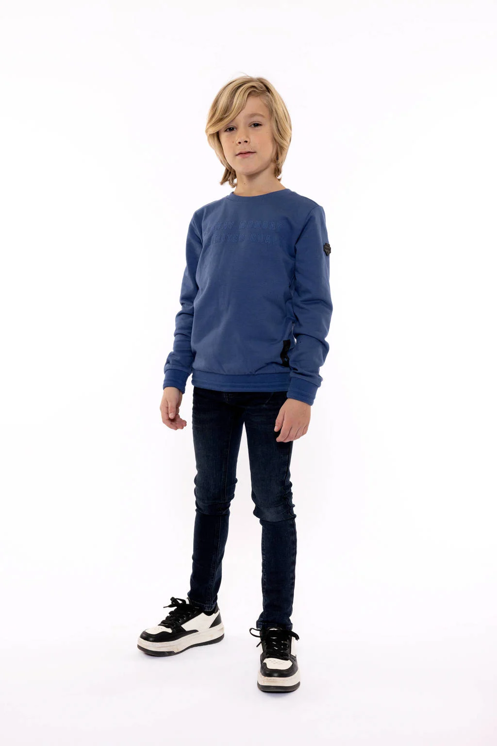No Way Monday sweater met tekst donkerblauw