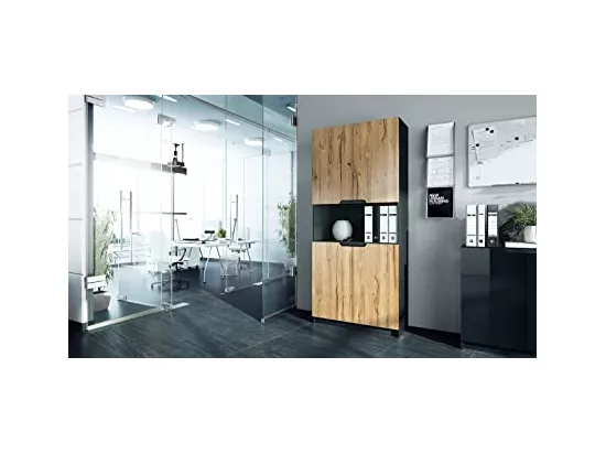 Armoire de rangement avec 5 compartiments et 4 portes, noir mat/chêne nature (82 x 184 x 37 cm)