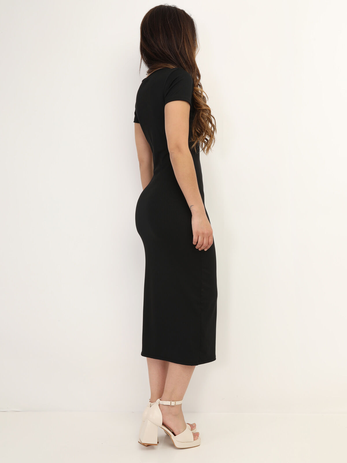 Robe moulante côtelée à fente- Noir