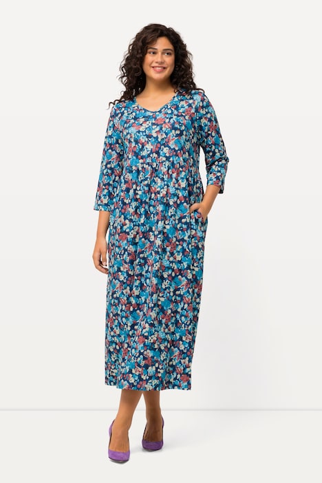 Jerseykleid, gemustert, V-Ausschnitt, 3/4-Arm