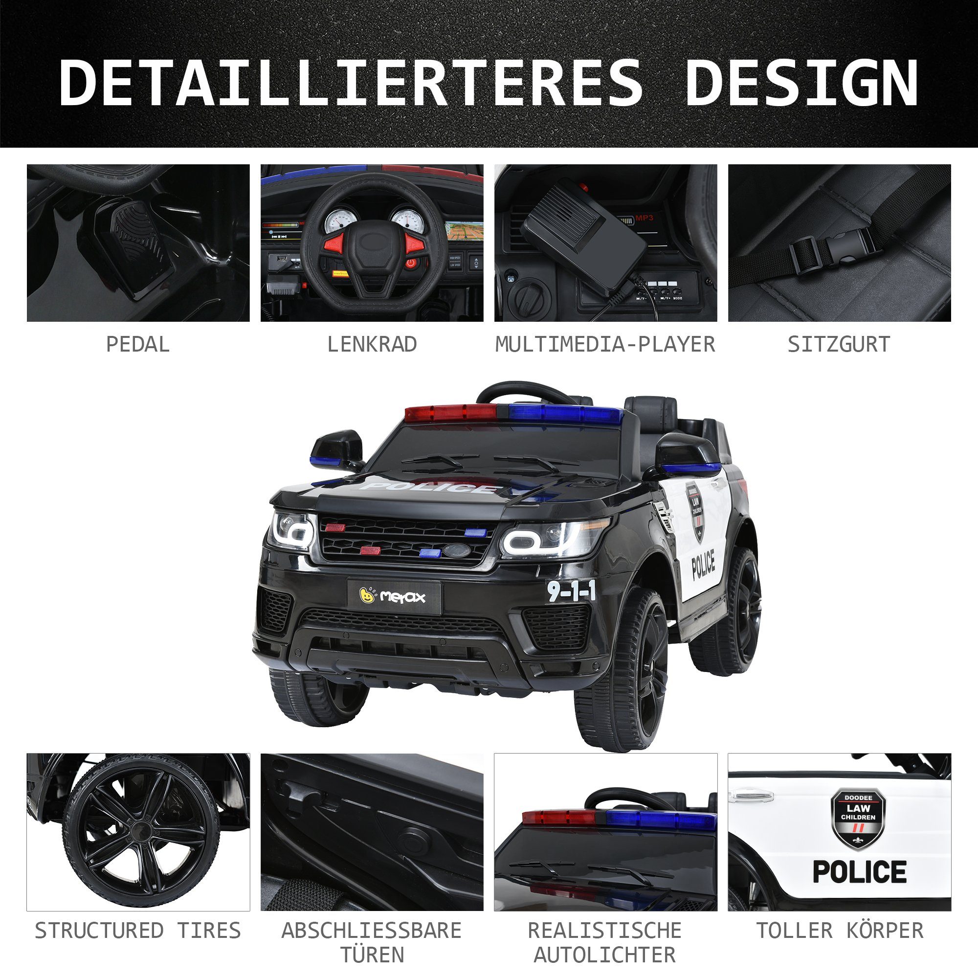 Carrinho elétrico infantil Merax com USB, AUX e Bluetooth, incluindo controle remoto, capacidade de carga de 30 kg, carro de polícia elétrico, carrinho infantil.