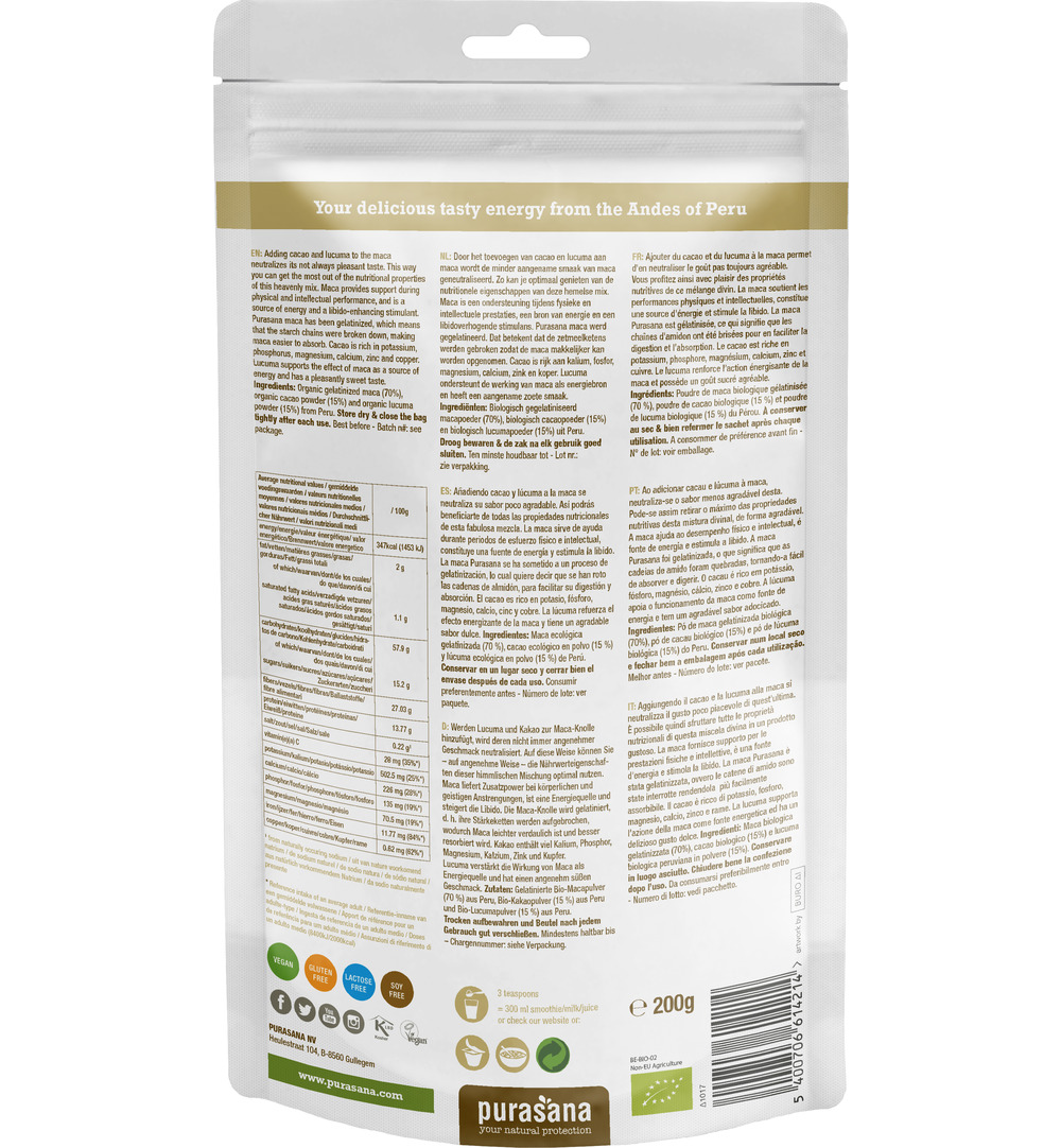 Purasana Maca & Cacao Poedermix/Melange Poudre Vegan Bio (200 gr)