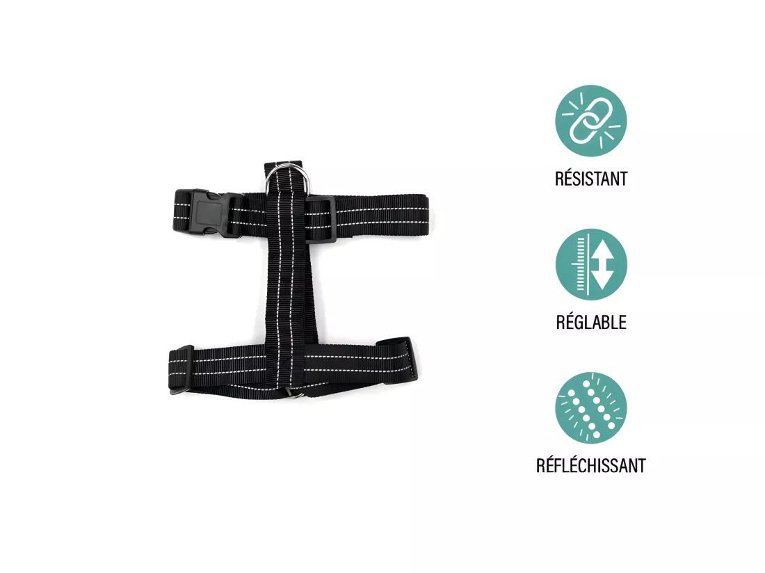 Harnais réglable en polyester avec coutures réfléchissantes - Noir - L 70 à 90 cm