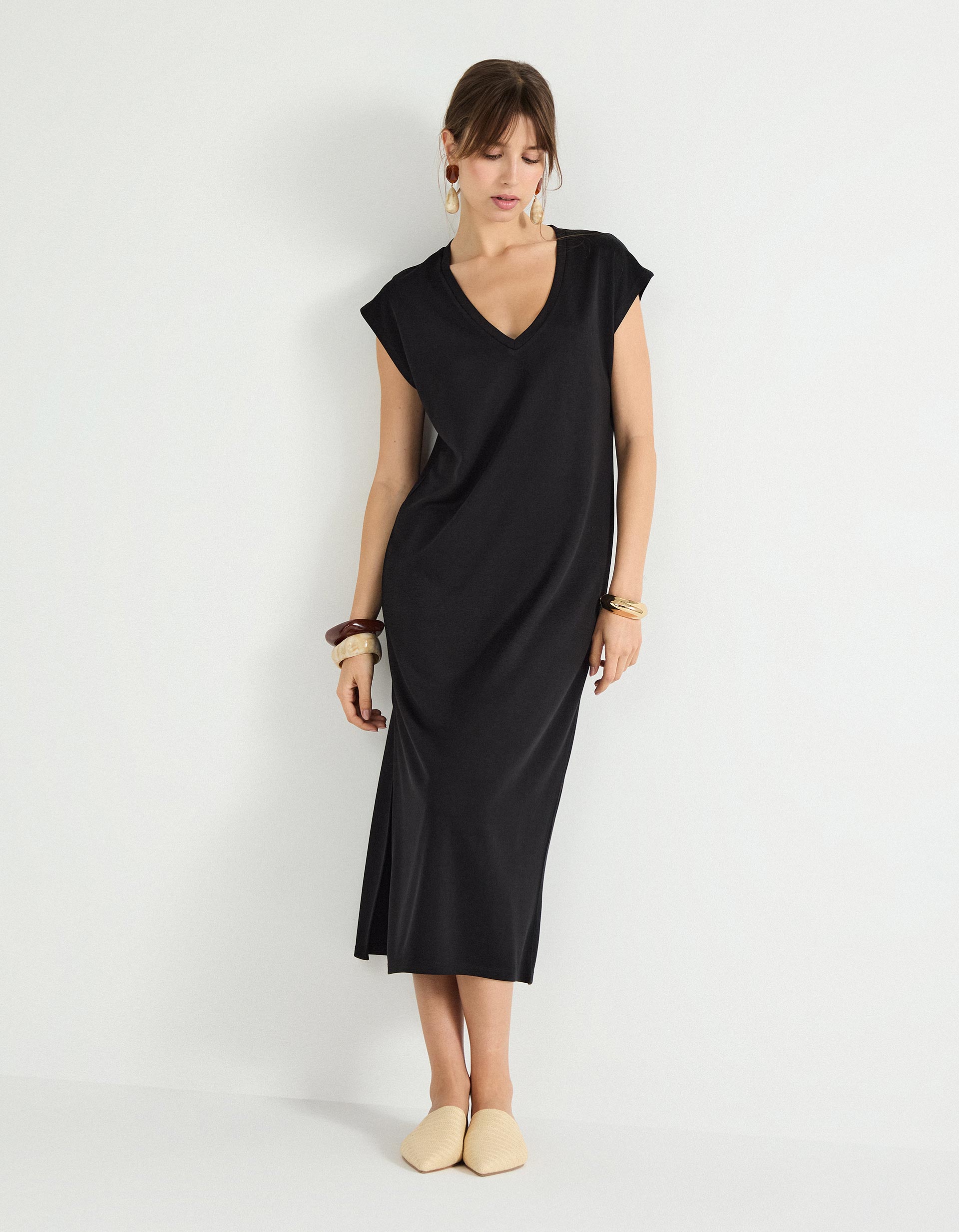 Vestido com Decote em V, Mulher, Preto
