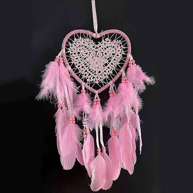 (57x16cm) 18 LED's Herz Feder Traumfänger Boho Home Wand Deko Hygge Lifestyle Accessoire (inkl. LR44 Batterie) - Warmweiss / Pink