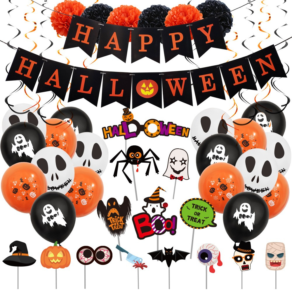 (63-tlg. Set) Happy Halloween Dekoration Party Set   Girlande / Ballone / Fotorequisite