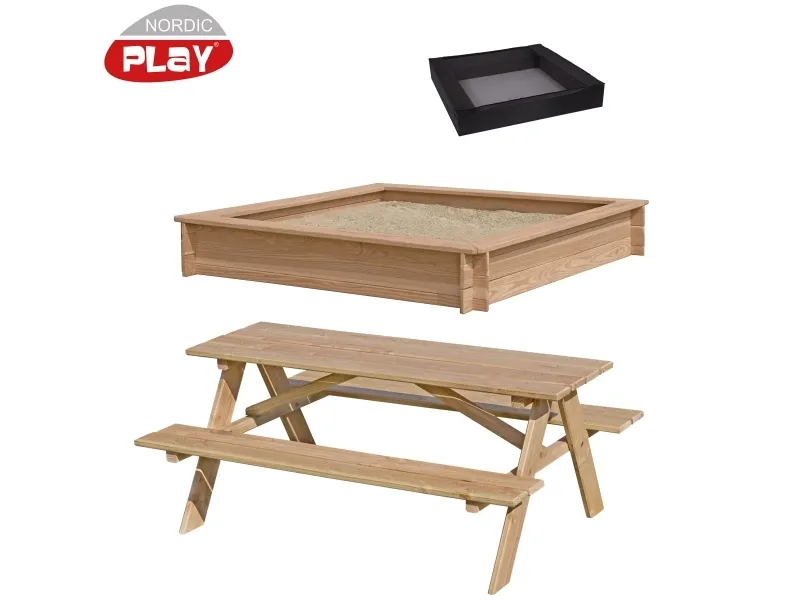 NORDIC PLAY Sampak Sandkasse lærk 150 x 150 cm, net og bord/bænksæt (805-751)