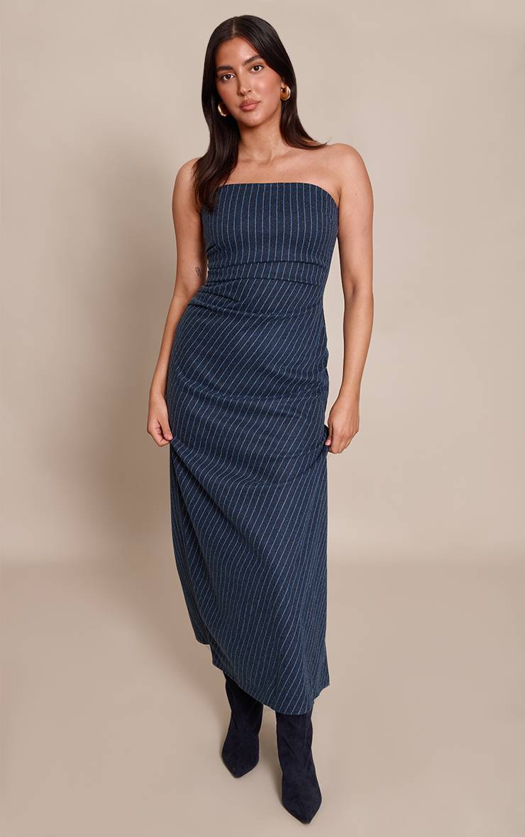 Bleu Marine Robe Longue Bustier À Rayures Fines Brossées