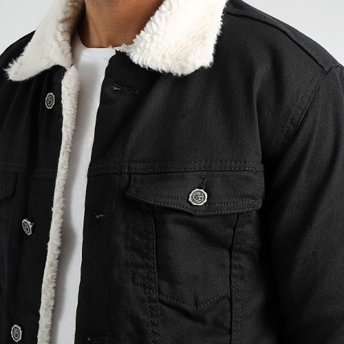 Veste Jean Super Slim Fit A Col Mouton 5005 Noir Blanc
