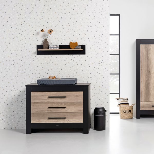 Kidsmill Long Island Babykamer Zwart / Oldwood | Bed 70 x 140 cm   Commode   Kast 2-Deurs