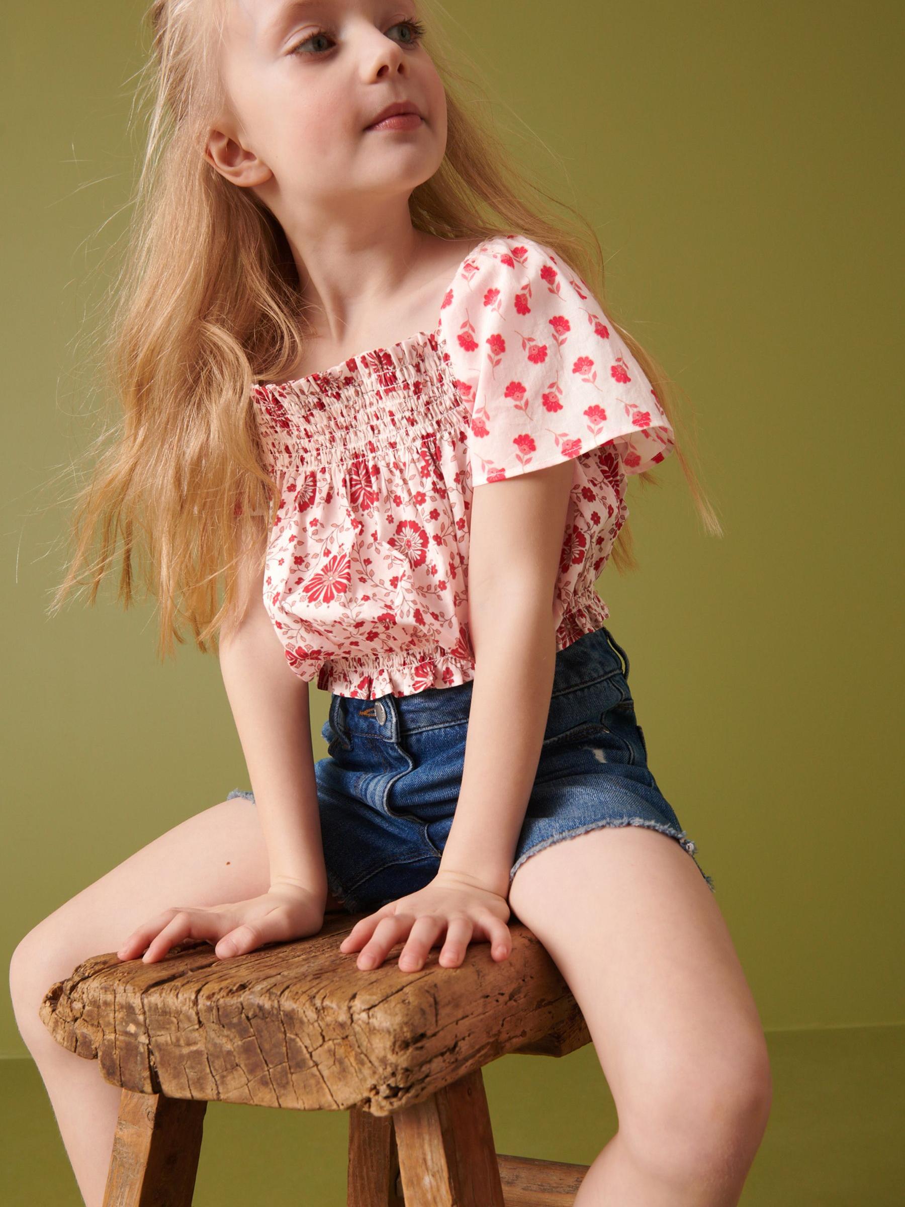 Rood bloemmotief - Gesmokte katoenen blouse (3-16jr)