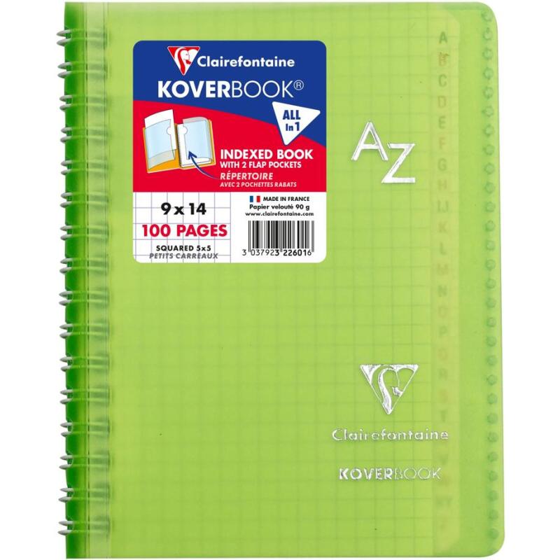 Répertoire reliure intégrale enveloppante Koverbook 9x14cm 100 pages petits carreaux couverture polypropylène transparent - Assortis