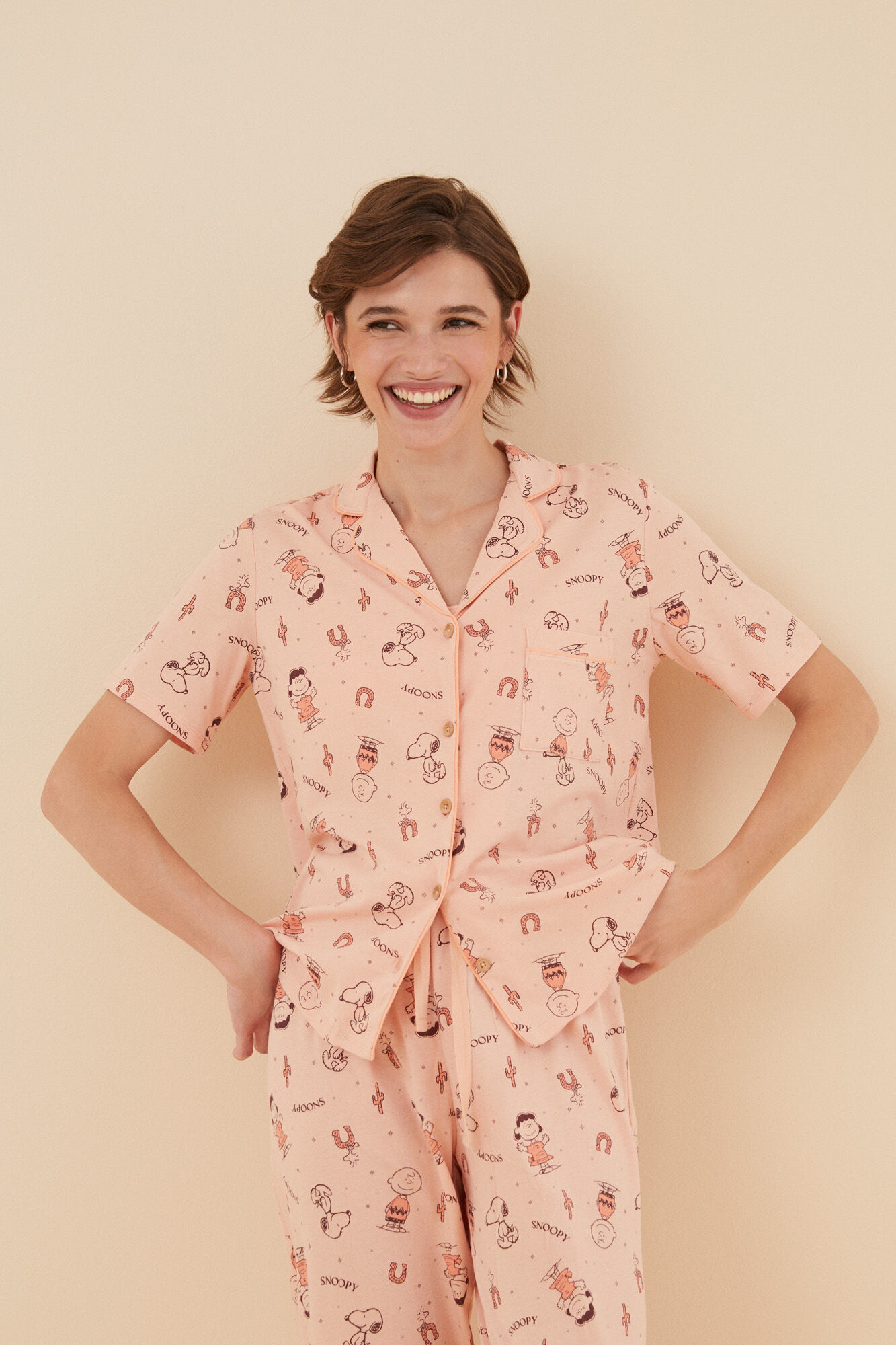 Pijama estilo camisa Snoopy rosa 100% algodão