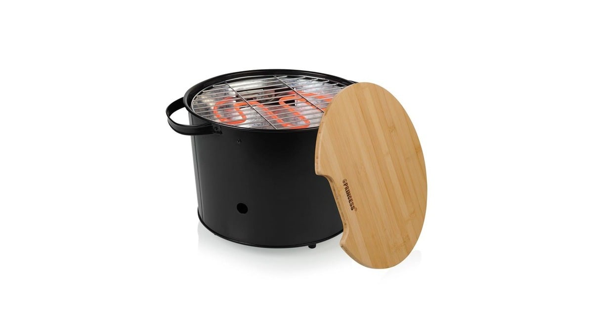 Princess112240 Hybrid Bucket Barbecue | Elektrisch | Houtskool  (Zwart, Ø 32 cm | incl. luxe bamboe serveer- en snijplank)
