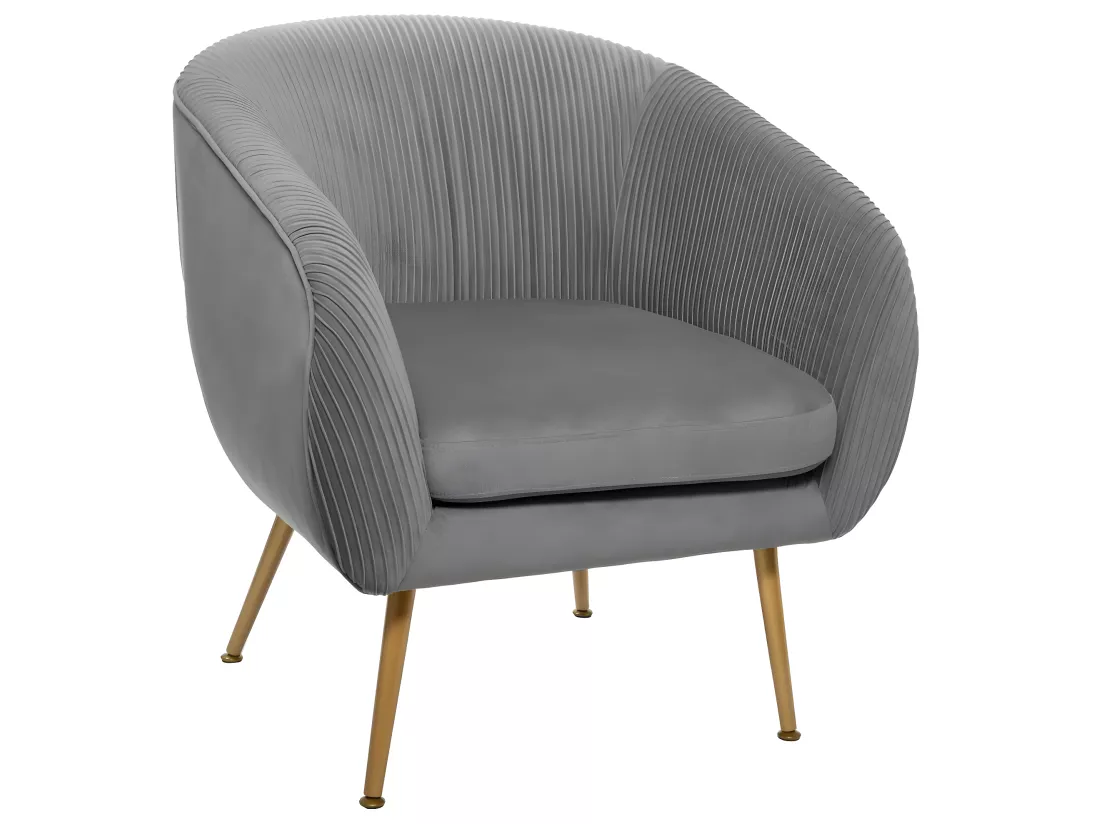 Fauteuil en Velours Gris plissé et pieds en métal doré