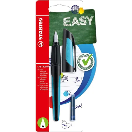 Schulfüller mit Anfänger-Feder A - STABILO EASYbuddy in schwarz/himmelblau - Schreibfarbe blau (löschbar) - Einzelstift - inklusive Patrone