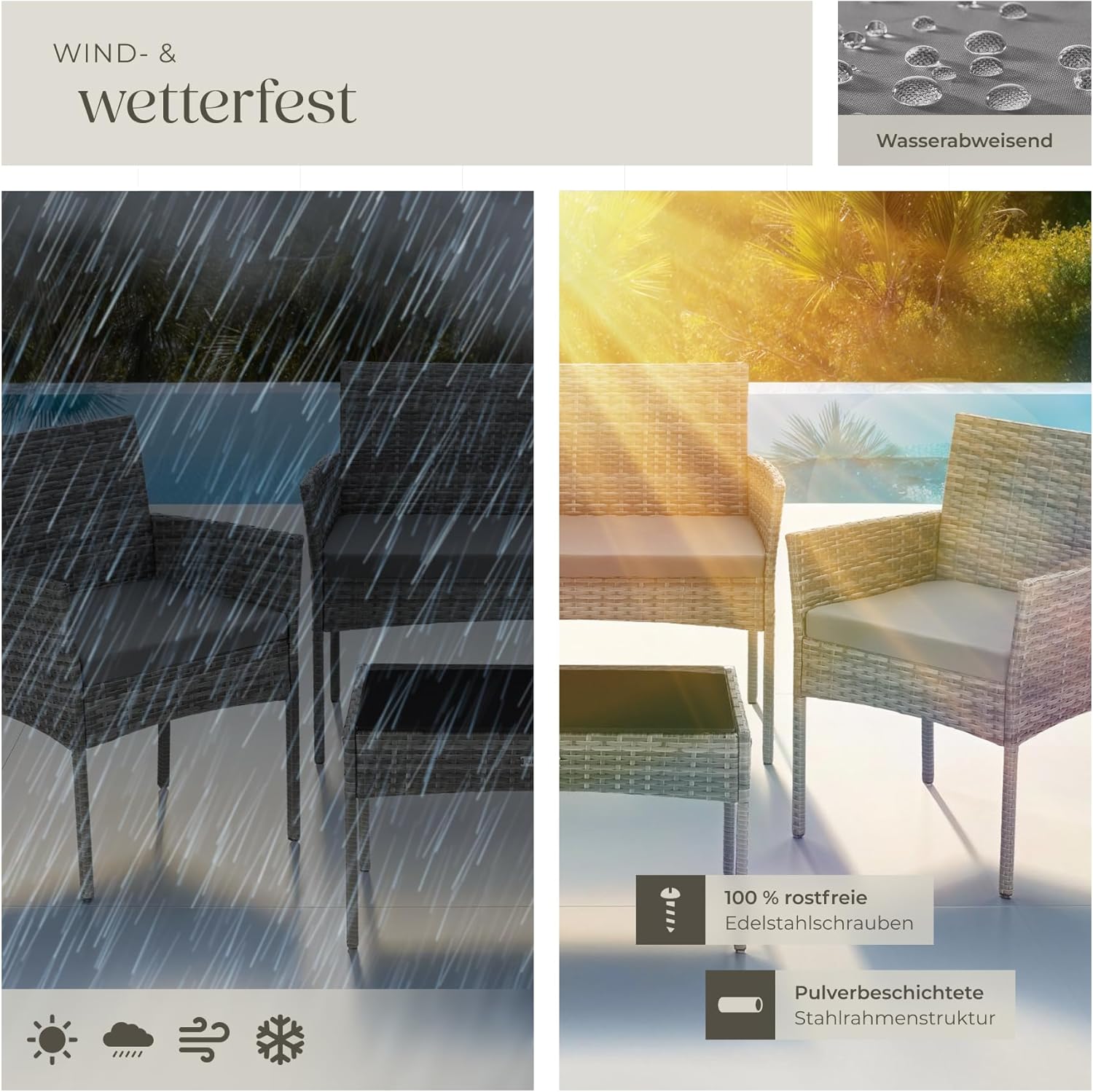 tectake® Rattan Gartenmöbel Set, Outdoor Lounge Möbel,1x Gartenbank, 2X Stuhl, 1x Balkontisch, mit Outdoor Kissen wetterfest, Balkonmöbel Kleiner Balkon, Lounge Gartenmöbel, Terrassenmöbel - grau