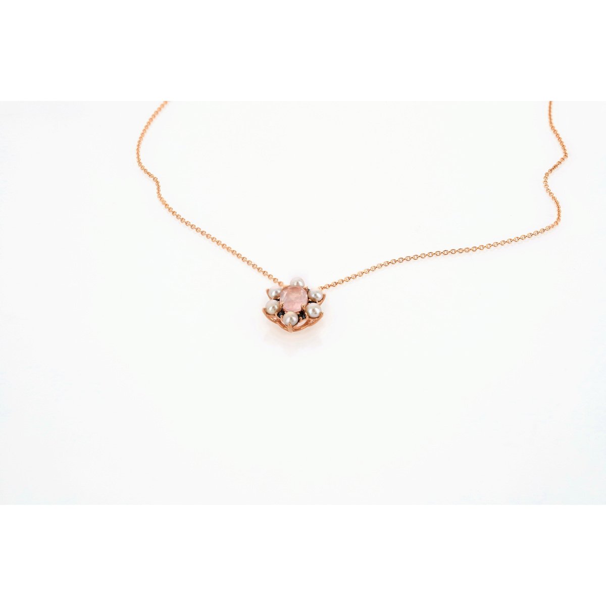 Collier or 375 rose quartz zirconia noir et perle