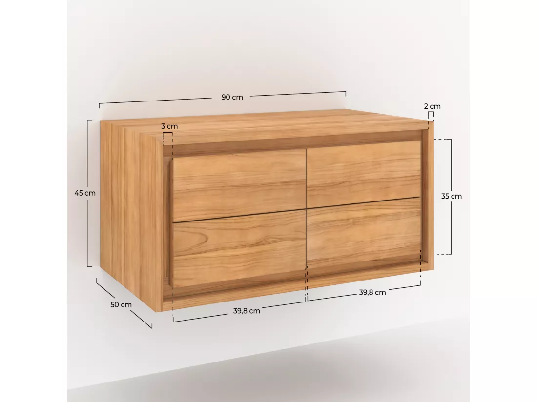 Meuble de salle de bain suspendu en bois de teck 90 cm - Hera