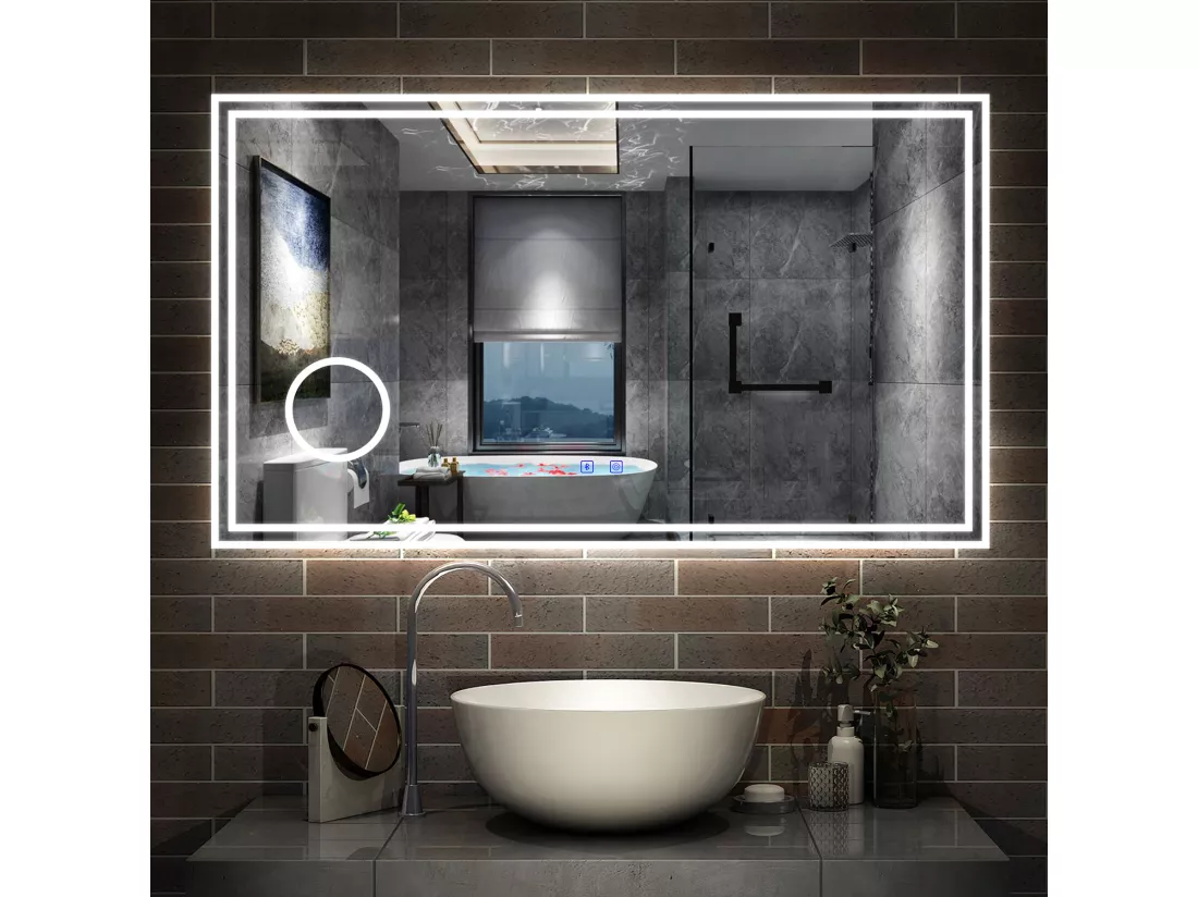 Miroir Salle de Bain LED avec Bluetooth 80x60cm, 3 Couleurs, Anti-buée, Grossissant 3x Aica