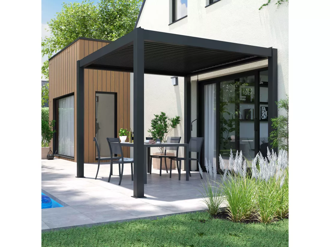 Pergola bioclimatique autoportée 3x3m et 2 Stores 2,66 X 2,34 m