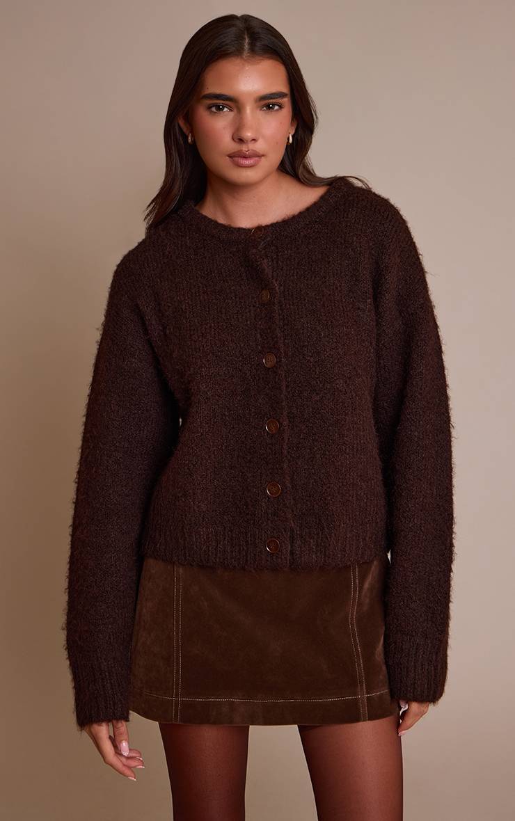 Chocolat Cardigan Col Rond Surdimensionné À Détails Brossés