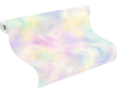 Vliesbehang 818017 Wolk roze geel blauw
