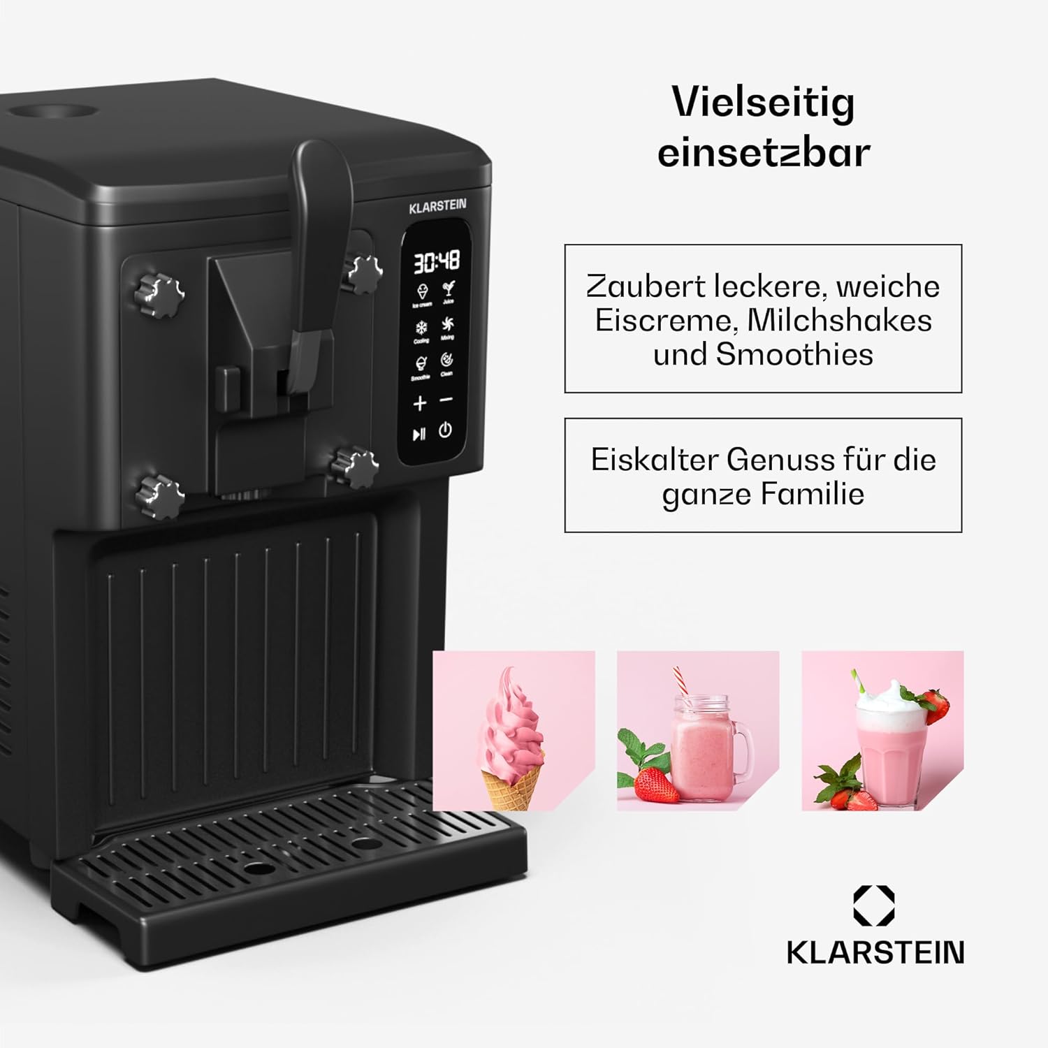 Klarstein SweetSwirl Eismaschine - 3-in-1 Für Eiscreme, Milchshakes & Smoothies, 1,5 L Tank, Touch-Display, Keep-Cool-Modus, Reinigungsfunktion, Schwarz