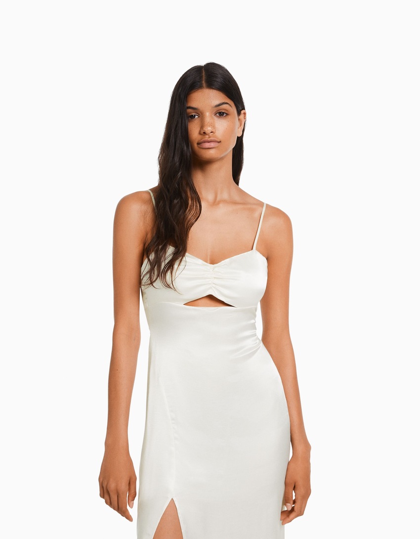 Vestido midi de cetim com alças finas