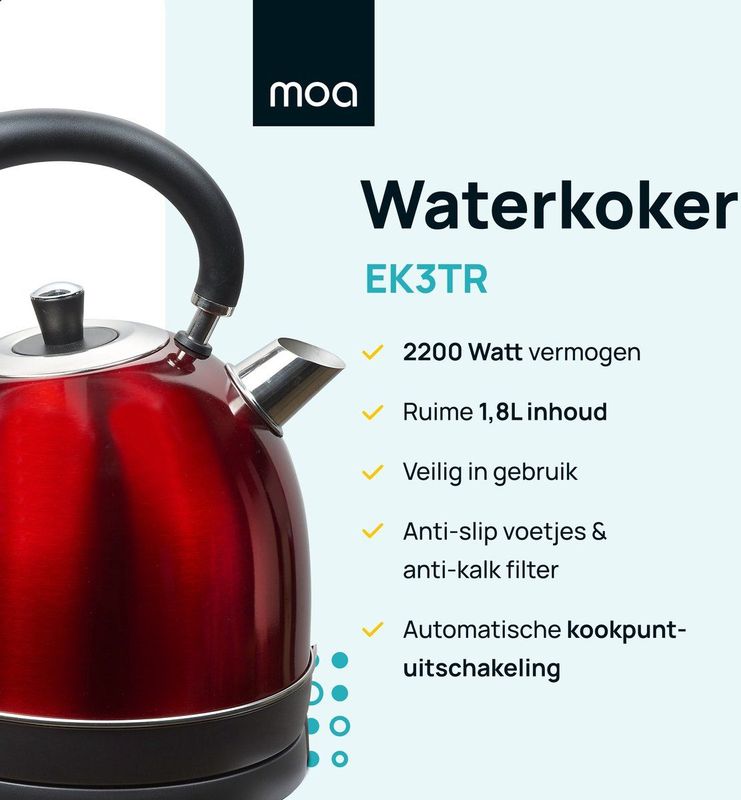 MOA - Waterkoker Retro - Rood - 1,8 Liter - Elektrische Waterkoker - 2200W