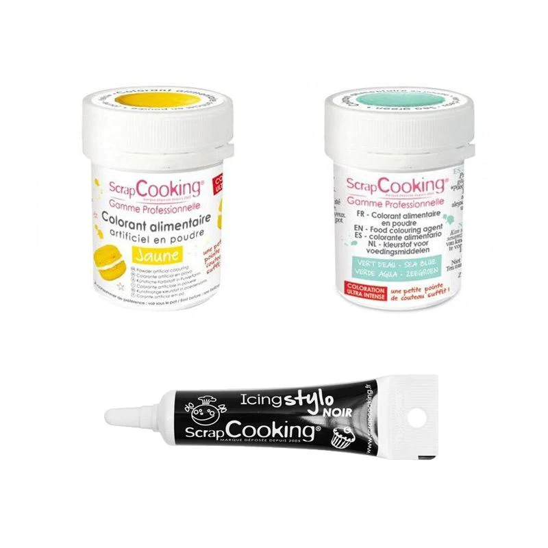 2 colorants alimentaires jaune-vert d'eau + Stylo glaçage noir Scrapco