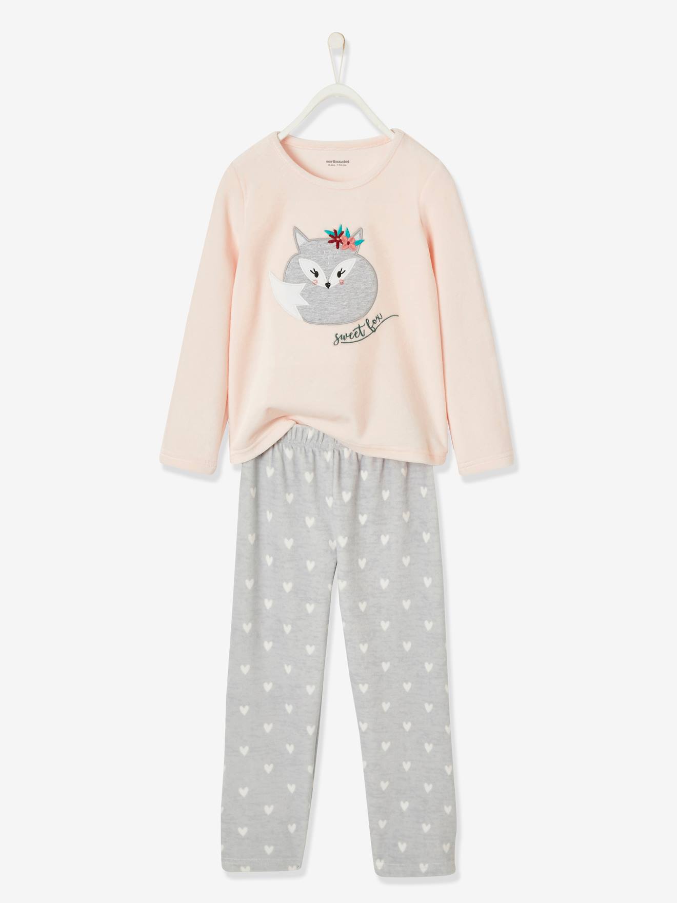 Pijama de veludo Fox para meninas, rosa claro liso com estampas.