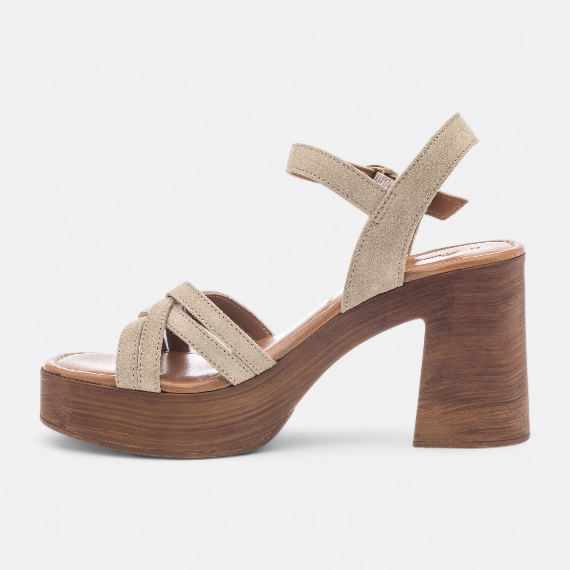 Chaussures semelle bois à talon Femme en cuir taupe