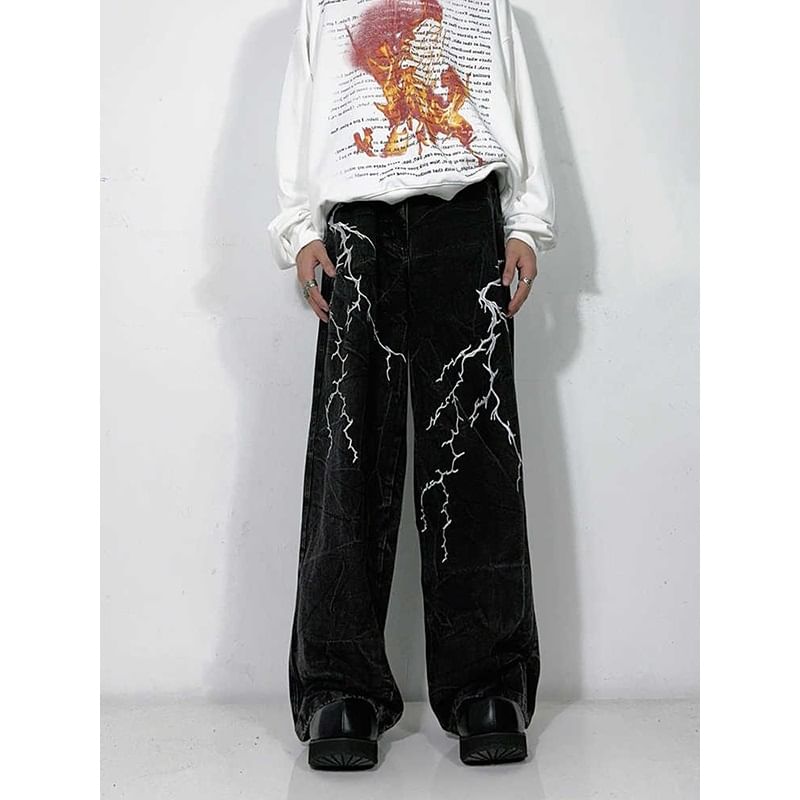Adotuastic - Mid Rise Lightning geborduurde gewassen wijde jeans