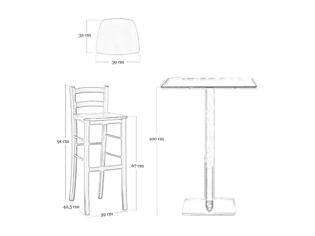 Tabouret en bois brut avec dossier et assise en bois massif h 67cm