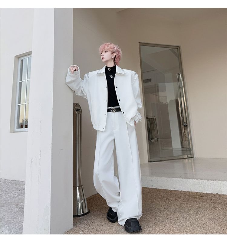 Omozando - Set: Effen blazer met knoopjes + Wijde pantalon