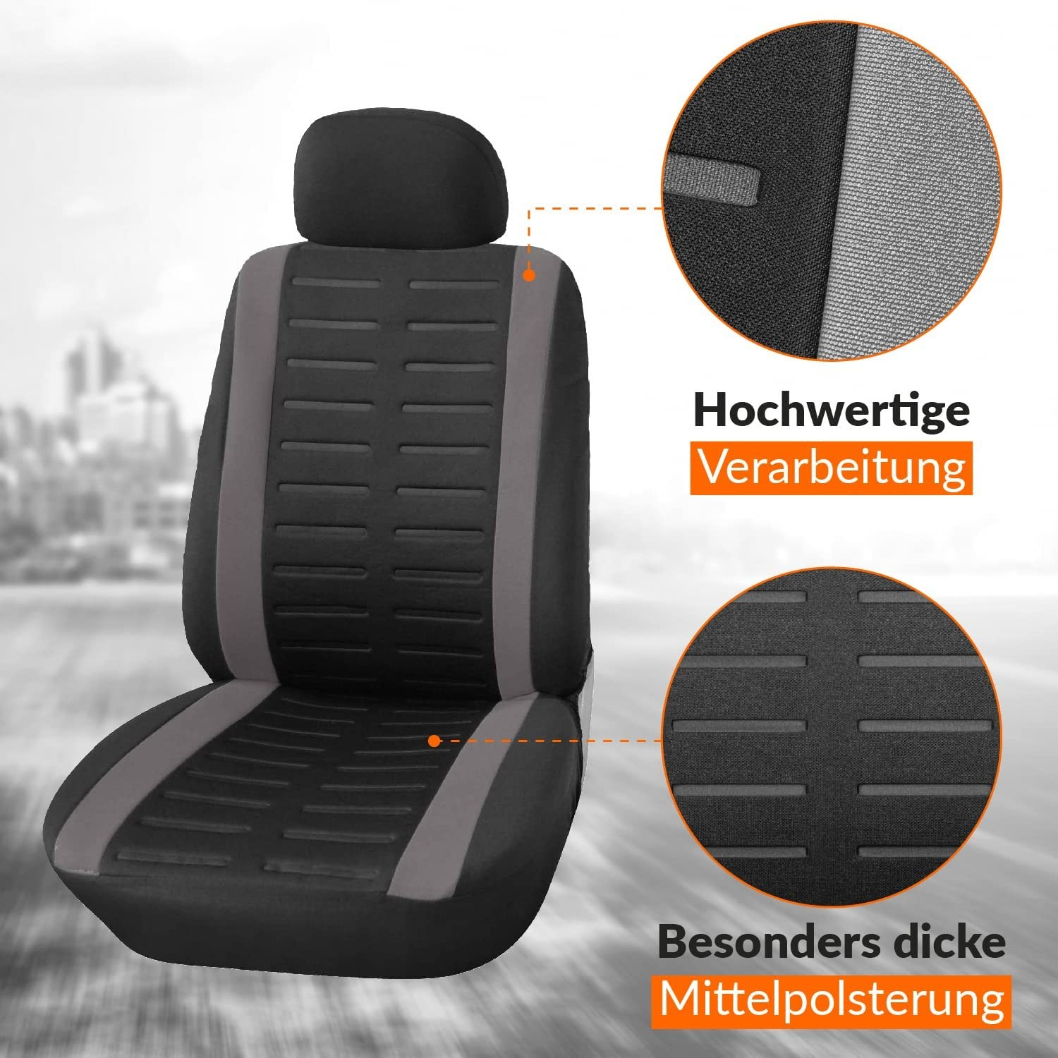 (9-tlg. Set) Universal Stoff Auto Sitz Überzug Schonbezüge für Vordersitze und Rückbank - Schwarz / Grau