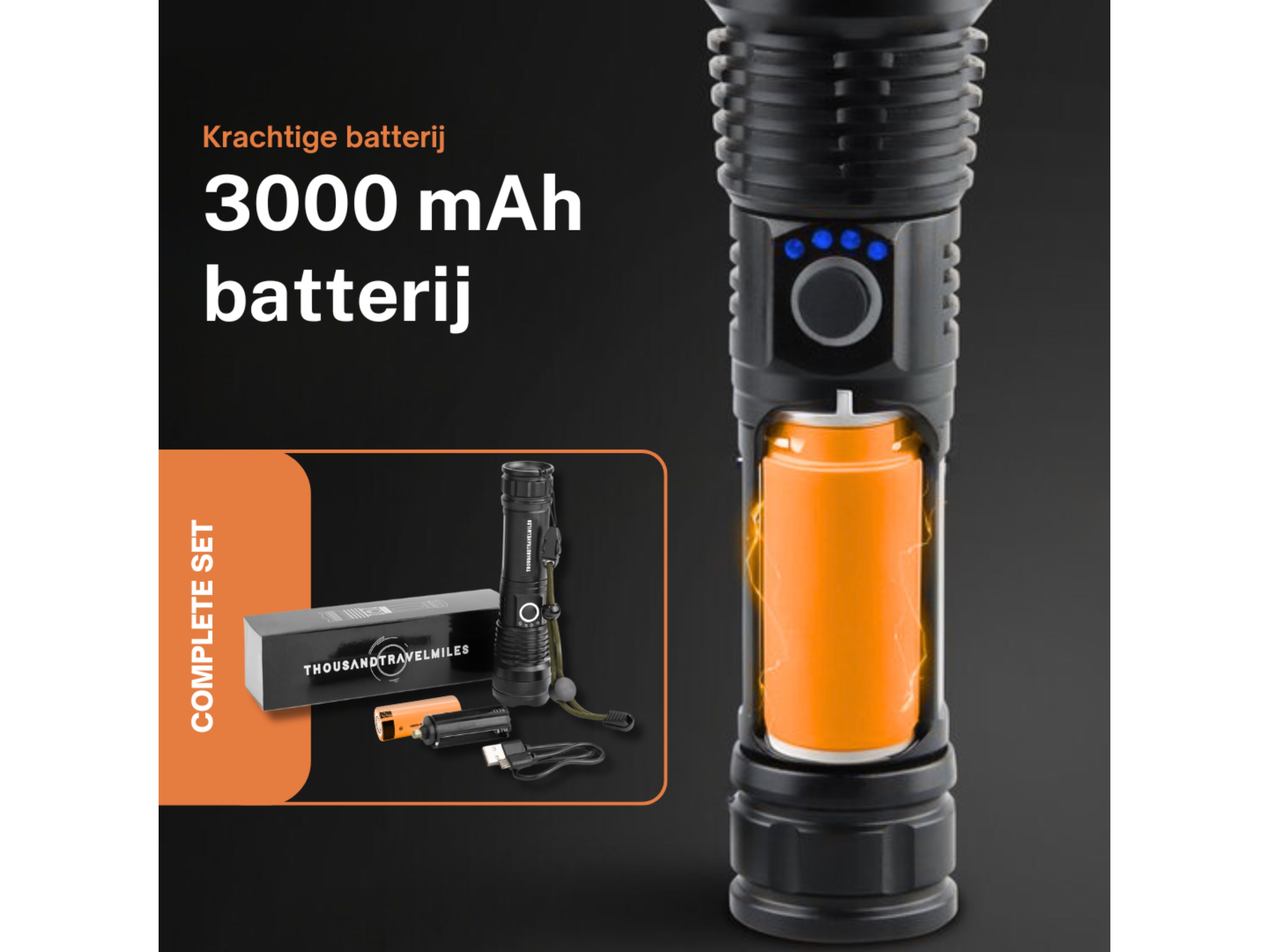 Thousandtravelmiles oplaadbare zaklamp - 3000 lumen