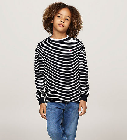 Tommy Hilfiger Bluse - Flag Mini Waffle - Blåe/White Stripes