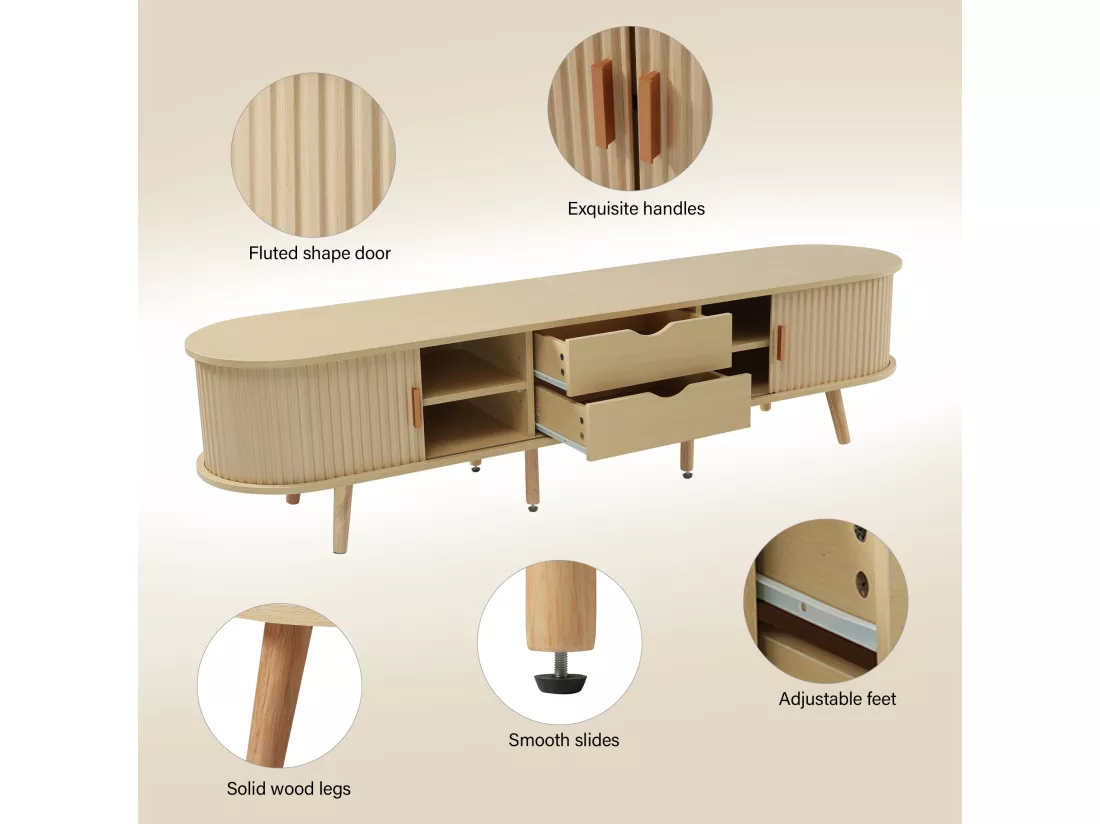 Meuble TV avec 2 portes coulissantes en forme ovale - 175 x 40 x 42cm - Bois MDF - Couleur bois