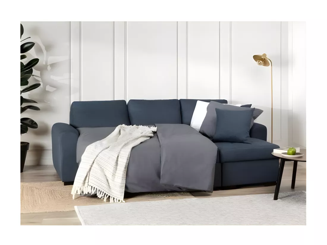 Canapé d'angle convertible réversible - Tissu Bleu - HAMILTON - L 244 x P 151 x H 90 - Fabriqué en Ukraine